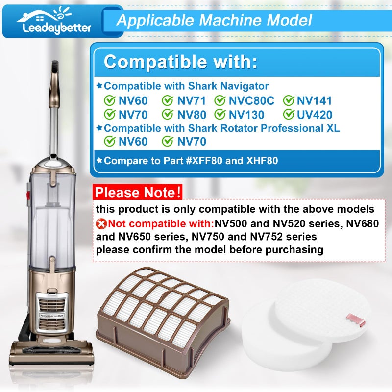 Leadaybetter 2 HEPA + 4 Foam & Felt Filters for Shark Navigator Professional (NV70 NV71 NV80 NVC80C UV420) and Rotator Professional XL Capacity (NV90 NV95), Compare to Part # XFF80 & XHF80 - Image 2